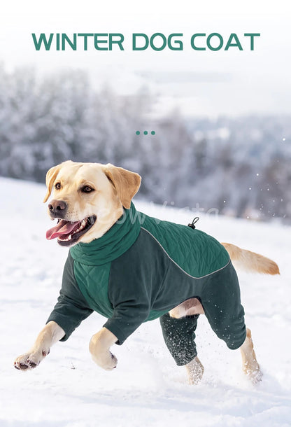 Winter Full Coverage Warm Dog Jumpsuit Reflective High Collar Quilted Padded Color‑Blocked Outdoor Outfit for Medium Large Dogs