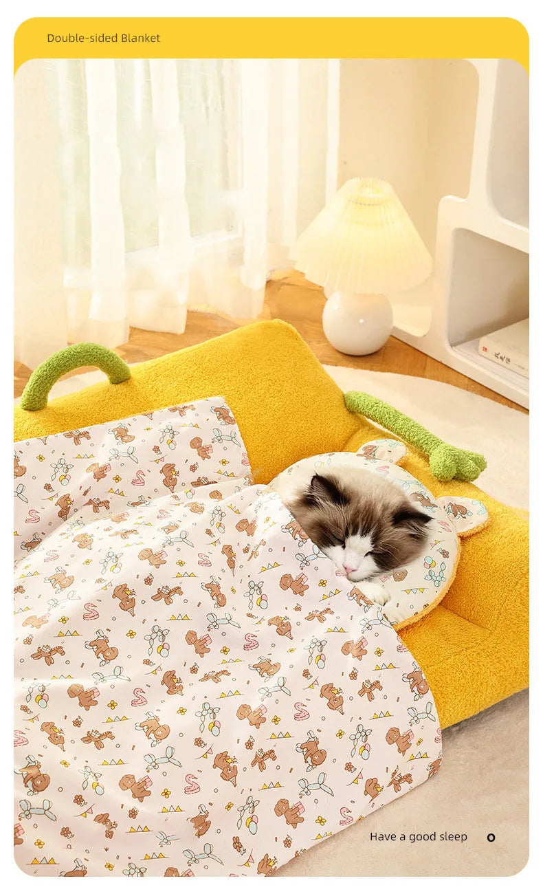 Soft Fluffy Pet Blanket with Pillow Double-sided Design Cute Printed Winter Soft Warm Sleeping Cat Bed Puppy Kitten Supplies