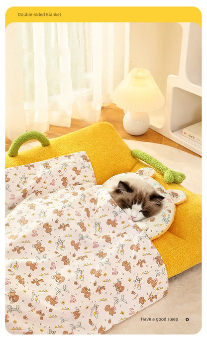 Soft Fluffy Pet Blanket with Pillow Double-sided Design Cute Printed Winter Soft Warm Sleeping Cat Bed Puppy Kitten Supplies
