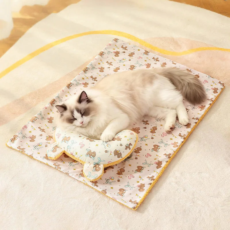 Soft Fluffy Pet Blanket with Pillow Double-sided Design Cute Printed Winter Soft Warm Sleeping Cat Bed Puppy Kitten Supplies