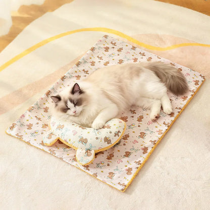 Soft Fluffy Pet Blanket with Pillow Double-sided Design Cute Printed Winter Soft Warm Sleeping Cat Bed Puppy Kitten Supplies