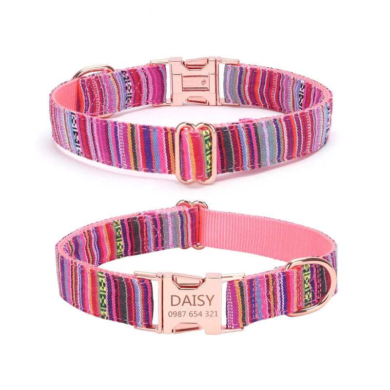 Bohemian Striped Dog Collar Custom Engraved with Rose Gold Buckle Personalized Nylon Collar for Small Large Dogs Daily Walking