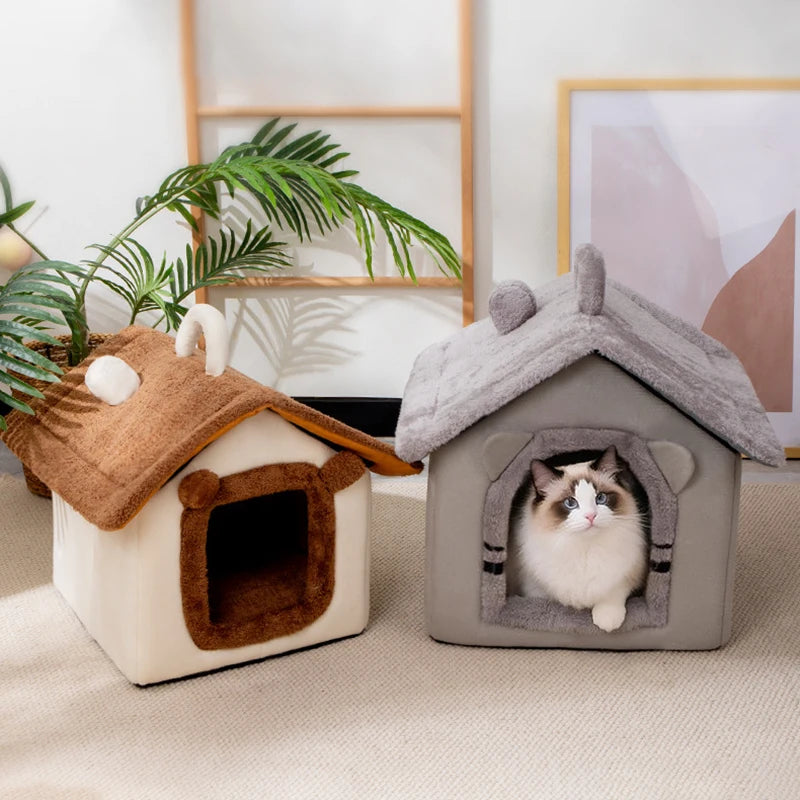 Thickened Foldable Enclosed Pet House for Puppy Cats Detachable Washable Indoor Comfortable Warm Plush Cat Nest Cama Para Gatos