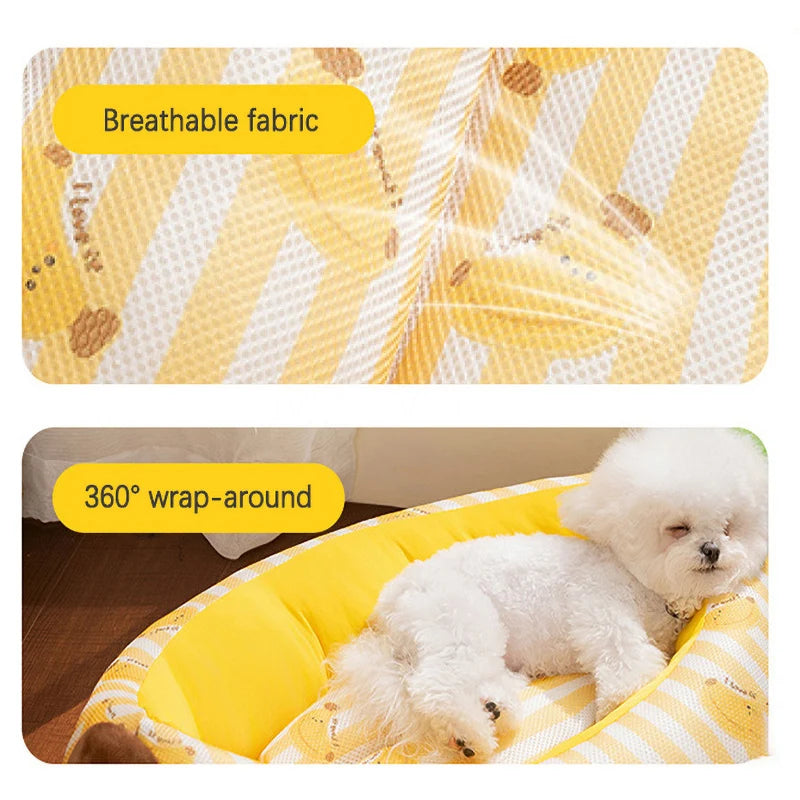 Banana Ice Silk Cooling Cat Bed with Dual-Sided Mat Non-Slip Comfortable Breathable Pet Sofa for Small Dogs Summer Pet Cushion