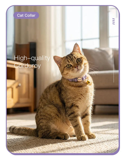 Adjustable Custom Engraved Cat Collar with Bell Anti-lost Durable Comfortable Soft Corduroy Kitten ID Collar Pet Safety Necklace