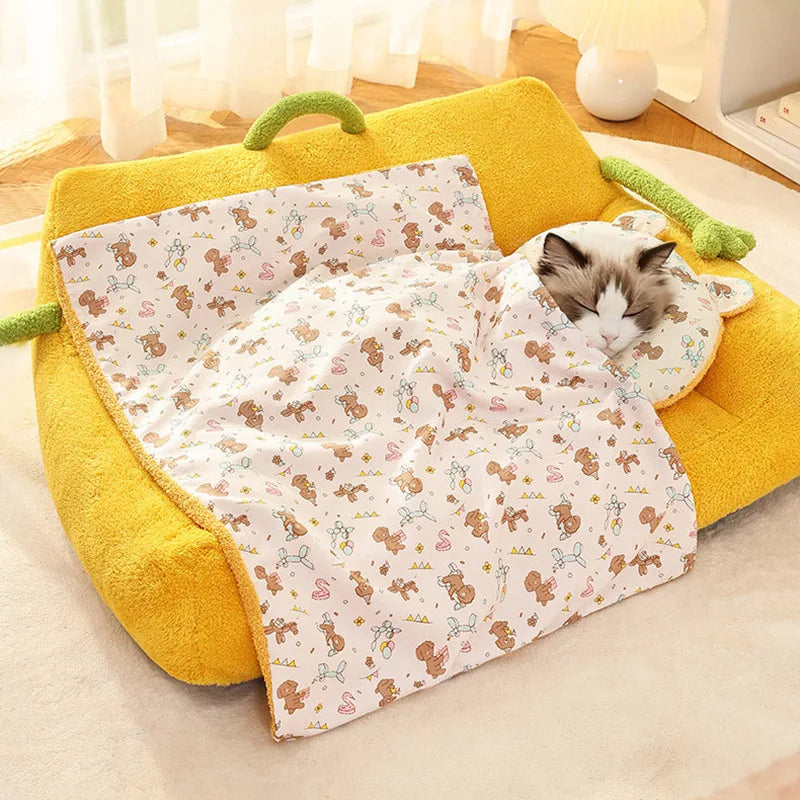 Soft Fluffy Pet Blanket with Pillow Double-sided Design Cute Printed Winter Soft Warm Sleeping Cat Bed Puppy Kitten Supplies