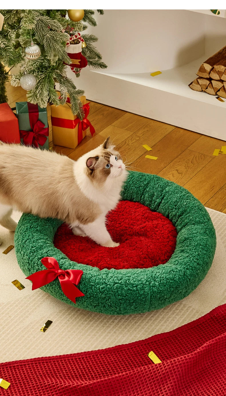 Christmas Sock Cat Sleeping Bag Thickened Semi Closed Winter Plush Warm Round Dog Beds with Detachable Pad Pet Indoor Furniture
