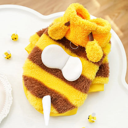 Funny Bee Style Plush Costume for Kitten Puppy Autumn Winter Soft Warm Cat Hoodies with Leash Hook Teddy Small Dog Clothes