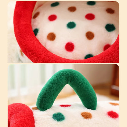 Christmas Portable Luxury Pet Bed Handheld Semi-Closed Dot Design Warm Plush Cat House with Removable Pad Accesorios Para Gatos