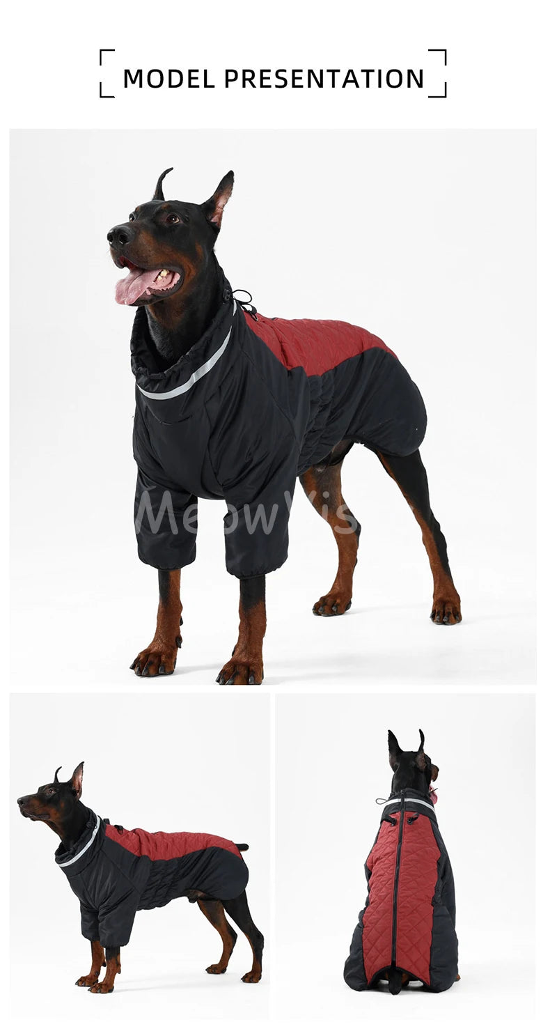 Color‑blocked Four‑Legged Large Dog Winter Coat Comfortable Windproof Reflective Dog Jumpsuit with D‑Ring for Doberman Labrador