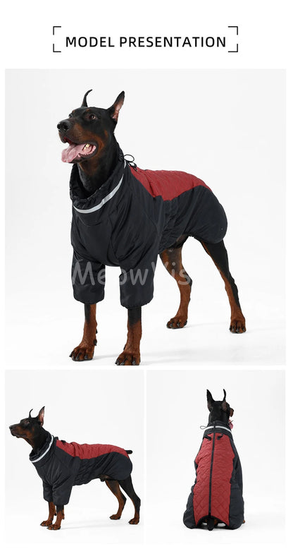 Color‑blocked Four‑Legged Large Dog Winter Coat Comfortable Windproof Reflective Dog Jumpsuit with D‑Ring for Doberman Labrador