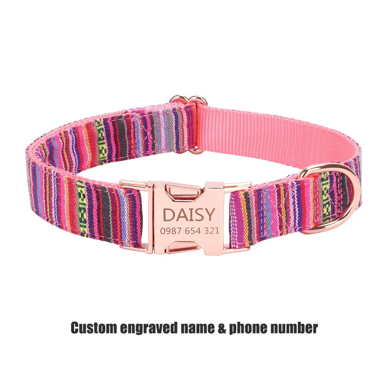 Bohemian Striped Dog Collar Custom Engraved with Rose Gold Buckle Personalized Nylon Collar for Small Large Dogs Daily Walking