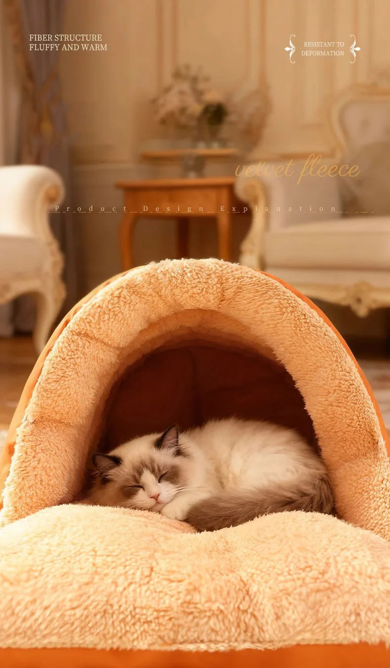 Semi-Enclosed Cat Cave Bed Ultra Cozy Warm Anti-Anxiety Cat Sleeping Bag Soft Large Space Washable Indoor Pet Bed for Kittens