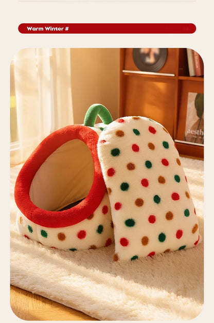 Christmas Portable Luxury Pet Bed Handheld Semi-Closed Dot Design Warm Plush Cat House with Removable Pad Accesorios Para Gatos