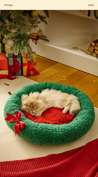 Christmas Sock Cat Sleeping Bag Thickened Semi Closed Winter Plush Warm Round Dog Beds with Detachable Pad Pet Indoor Furniture