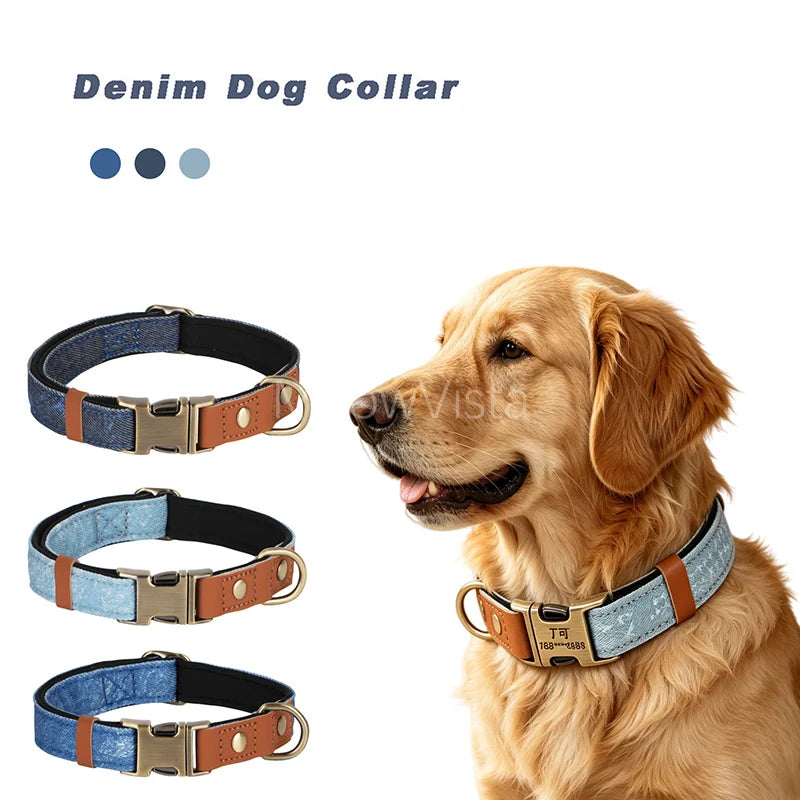 Personalized Denim Dog Collar with Engraved Quick Release Metal Buckle Adjustable Soft Padded anti-lost Pet Collar for Dogs