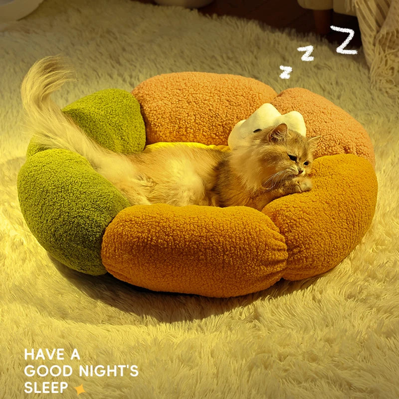 Cute Luxury Flower Cat Bed with Cloud-Shaped Pillow Winter Breathable Warm Ultra Soft Plush House Puppy Beds Cat Houses Indoor