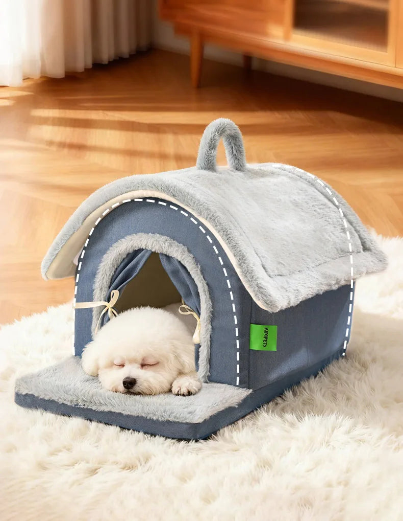 Luxurious Removable Dog House with Handle Enclosed Soft Plush Anti-Slip Pet Shelter Warm Calming Indoor Bed for Puppy Puppies