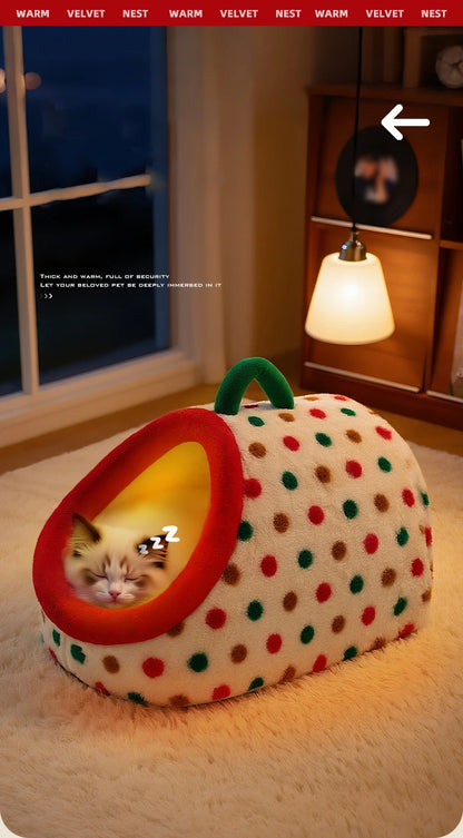 Christmas Portable Luxury Pet Bed Handheld Semi-Closed Dot Design Warm Plush Cat House with Removable Pad Accesorios Para Gatos