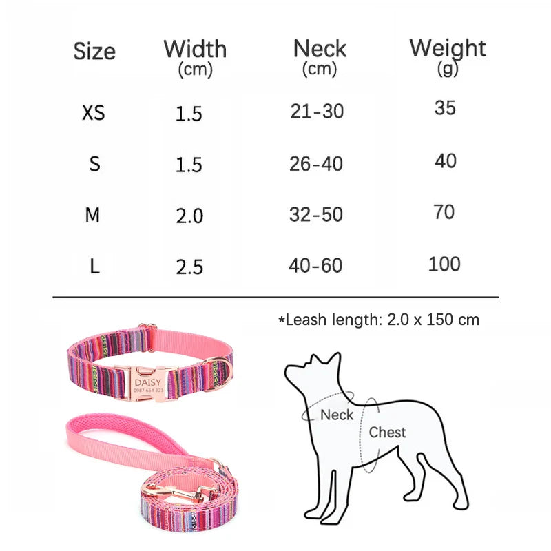 Bohemian Striped Dog Collar Custom Engraved with Rose Gold Buckle Personalized Nylon Collar for Small Large Dogs Daily Walking