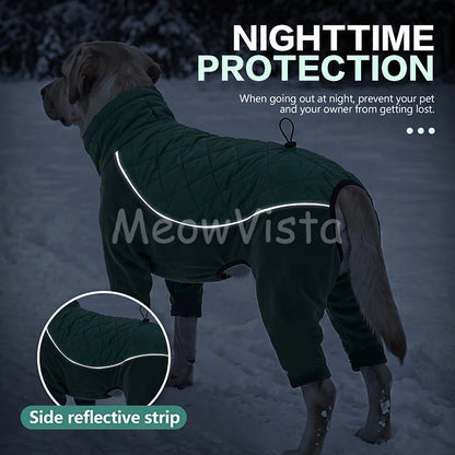 Winter Full Coverage Warm Dog Jumpsuit Reflective High Collar Quilted Padded Color‑Blocked Outdoor Outfit for Medium Large Dogs