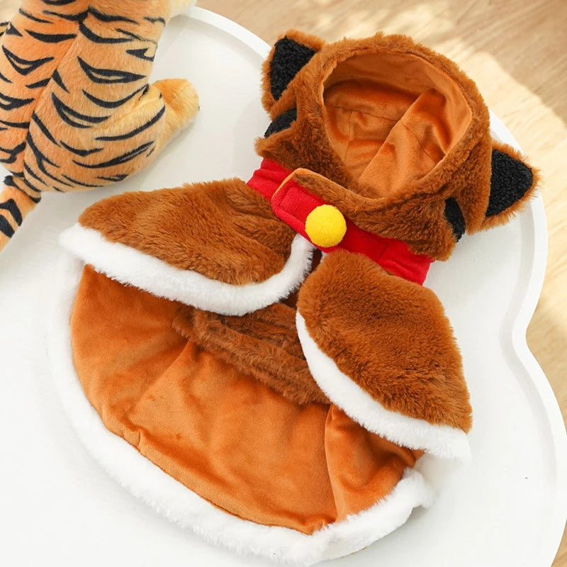 Warmth Polyester Fiber Tiger Costume Puppy Cat Cape Winter Thickened Funny Cosplay Pet Clothing Jumpsuit Roupa Para Cachorro