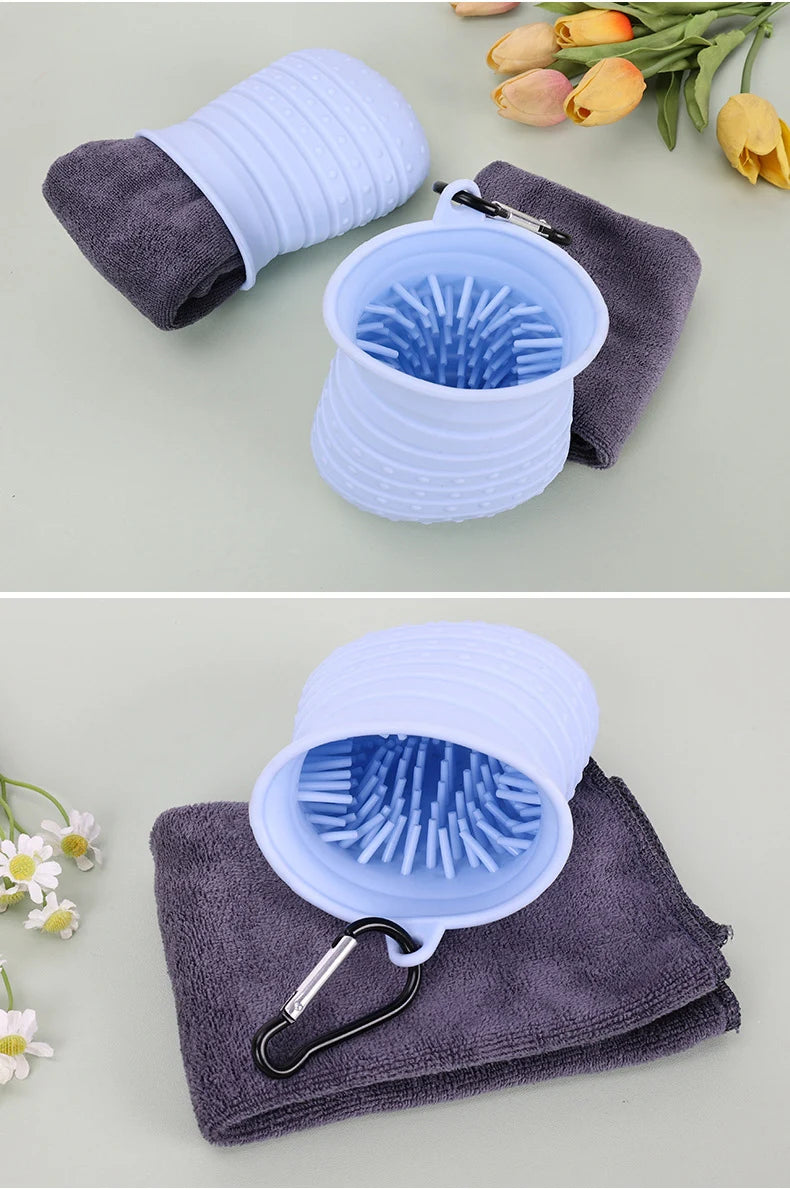 2 in 1 Portable Dog Paw Cleaner Cup with Towel Soft Silicone Pet Foot Washer for Small Medium Dogs Pet Home Grooming Supplies