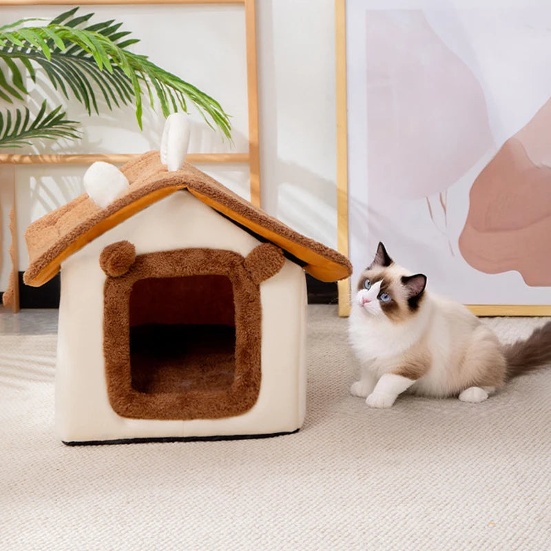Thickened Foldable Enclosed Pet House for Puppy Cats Detachable Washable Indoor Comfortable Warm Plush Cat Nest Cama Para Gatos