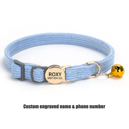 Adjustable Custom Engraved Cat Collar with Bell Anti-lost Durable Comfortable Soft Corduroy Kitten ID Collar Pet Safety Necklace