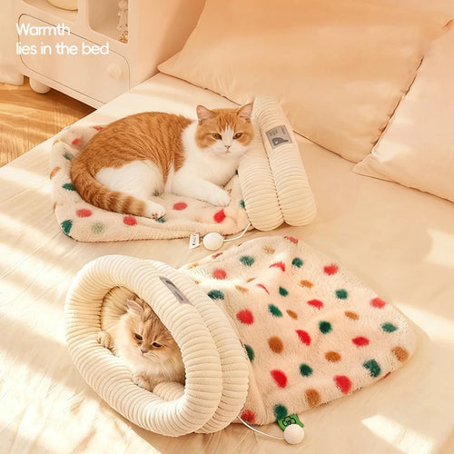 Fashion Dot Design Pet Sleeping Bag Luxury Double Sided Rabbit Fur Indoor Enclosed Warm Cat Bed Christmas New Year Pet Products