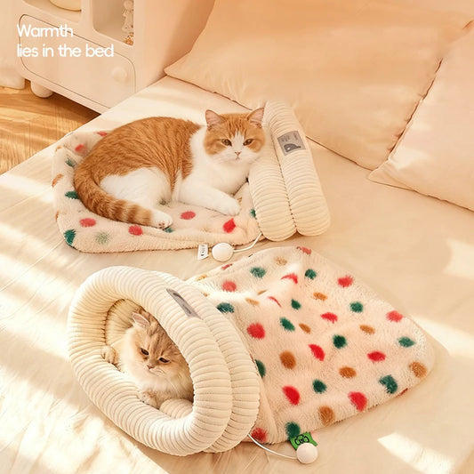 Fashion Dot Design Pet Sleeping Bag Luxury Double Sided Rabbit Fur Indoor Enclosed Warm Cat Bed Christmas New Year Pet Products