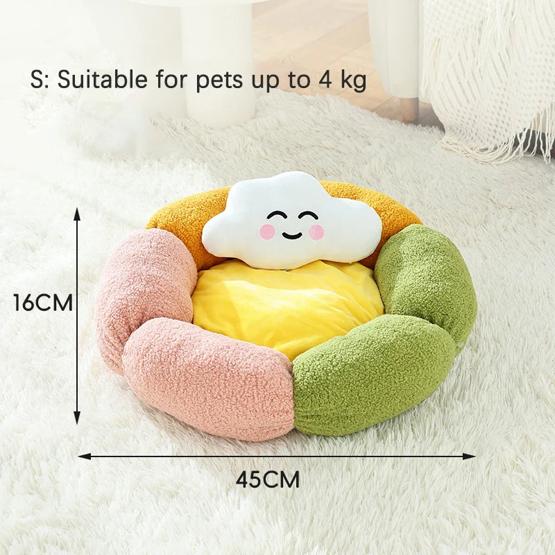 Cute Luxury Flower Cat Bed with Cloud-Shaped Pillow Winter Breathable Warm Ultra Soft Plush House Puppy Beds Cat Houses Indoor