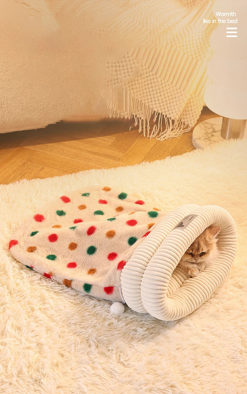 Fashion Dot Design Pet Sleeping Bag Luxury Double Sided Rabbit Fur Indoor Enclosed Warm Cat Bed Christmas New Year Pet Products