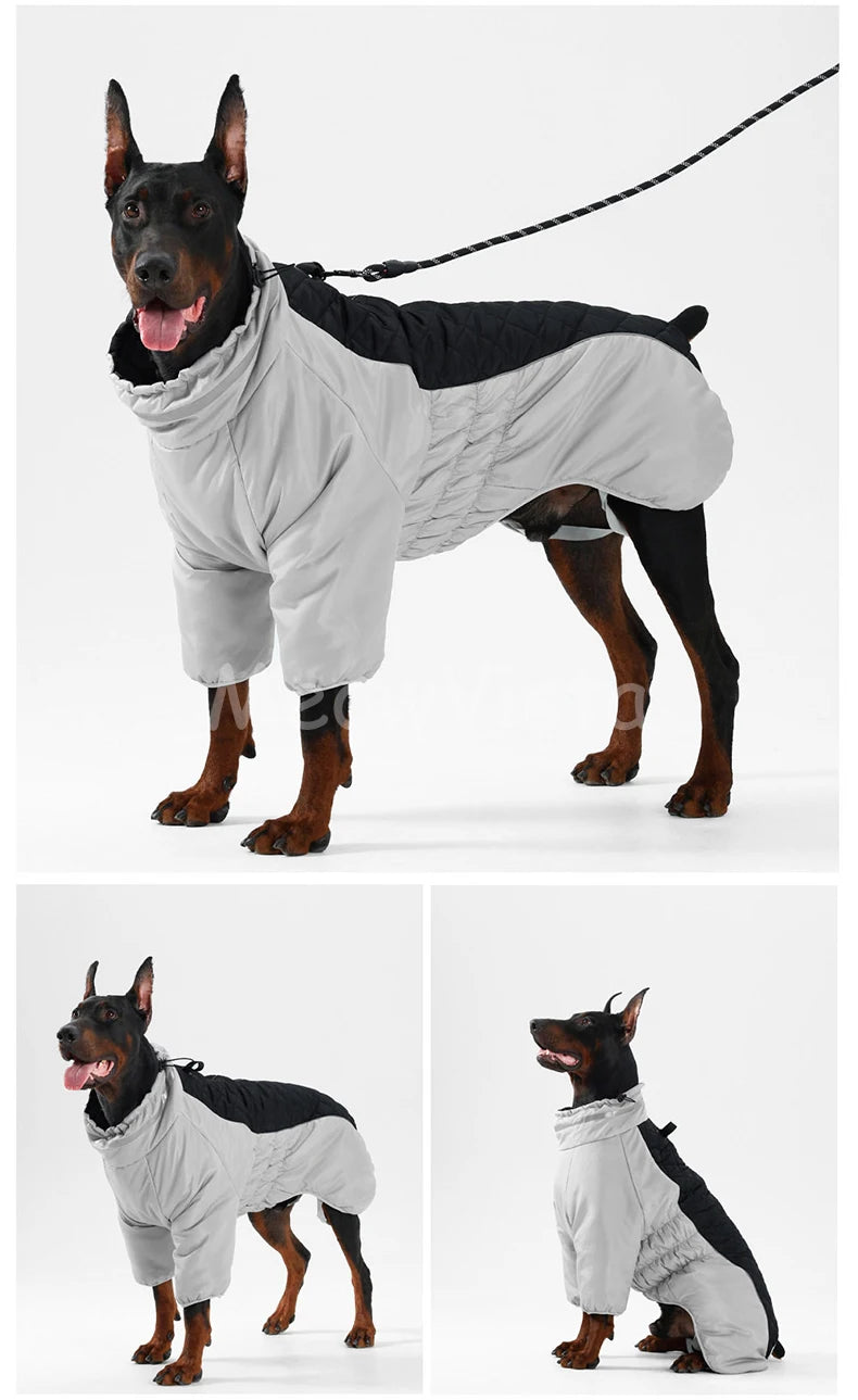 Color‑blocked Four‑Legged Large Dog Winter Coat Comfortable Windproof Reflective Dog Jumpsuit with D‑Ring for Doberman Labrador