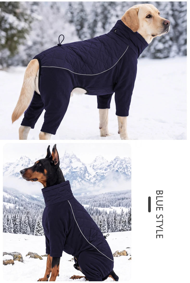 Winter Full Coverage Warm Dog Jumpsuit Reflective High Collar Quilted Padded Color‑Blocked Outdoor Outfit for Medium Large Dogs