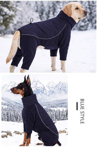 Winter Full Coverage Warm Dog Jumpsuit Reflective High Collar Quilted Padded Color‑Blocked Outdoor Outfit for Medium Large Dogs