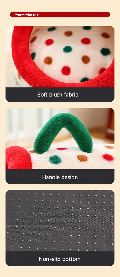 Christmas Portable Luxury Pet Bed Handheld Semi-Closed Dot Design Warm Plush Cat House with Removable Pad Accesorios Para Gatos