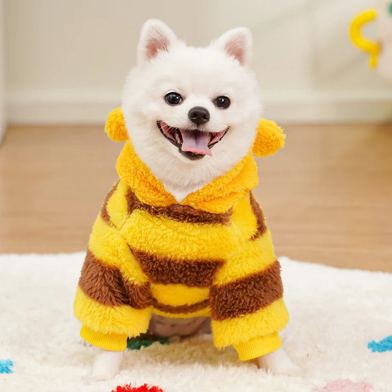 Funny Bee Style Plush Costume for Kitten Puppy Autumn Winter Soft Warm Cat Hoodies with Leash Hook Teddy Small Dog Clothes