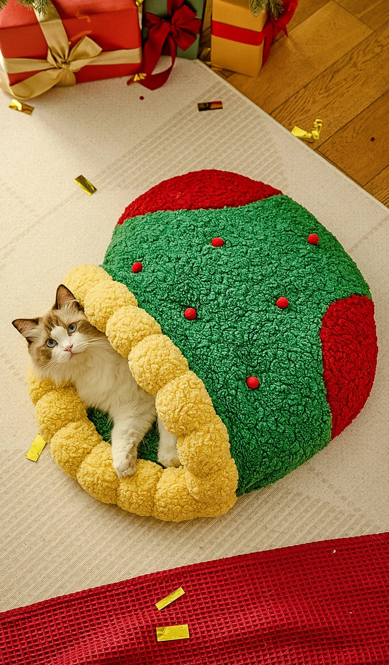 Christmas Sock Cat Sleeping Bag Thickened Semi Closed Winter Plush Warm Round Dog Beds with Detachable Pad Pet Indoor Furniture