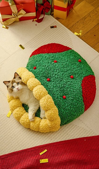 Christmas Sock Cat Sleeping Bag Thickened Semi Closed Winter Plush Warm Round Dog Beds with Detachable Pad Pet Indoor Furniture