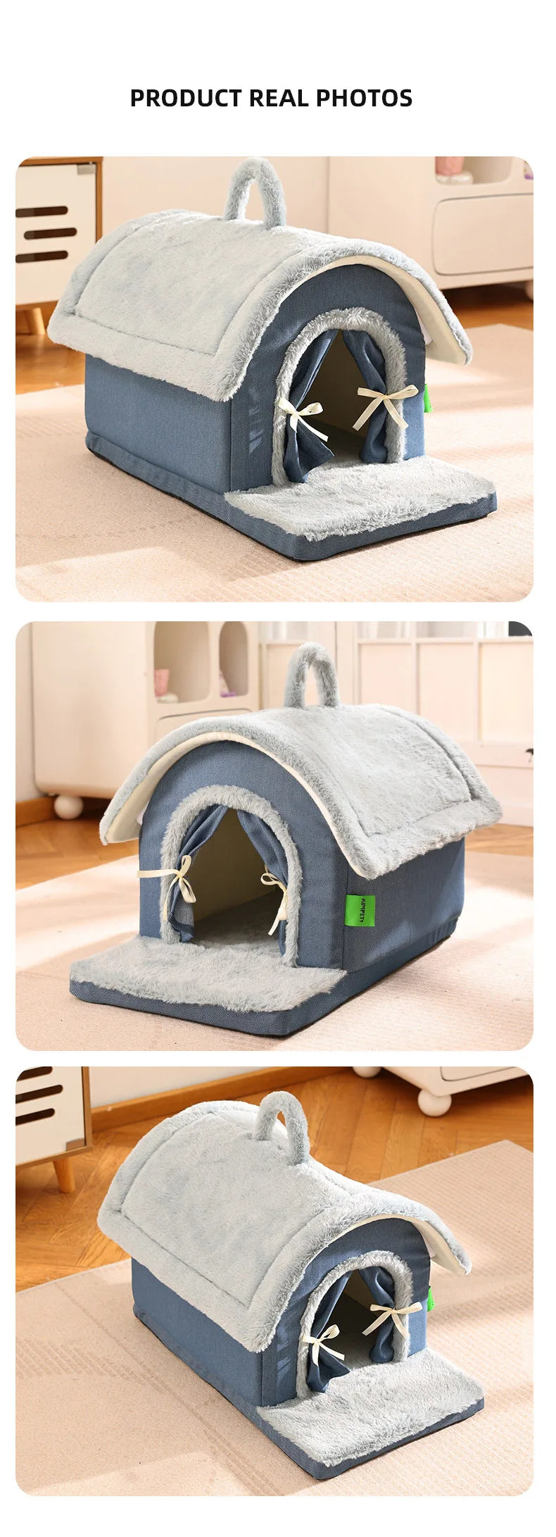 Luxurious Removable Dog House with Handle Enclosed Soft Plush Anti-Slip Pet Shelter Warm Calming Indoor Bed for Puppy Puppies