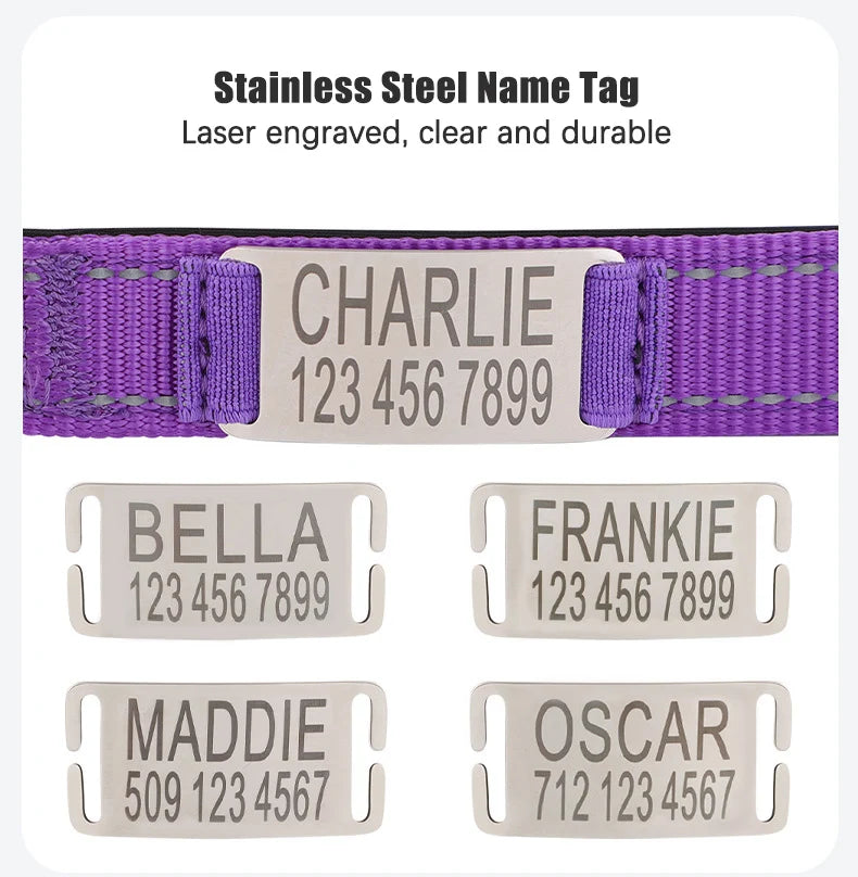 Personalized Dog Collar with Engraved Nameplate Adjustable Reflective Nylon Custom Pet Collar for Dogs  Anti-lost Pet ID Tag
