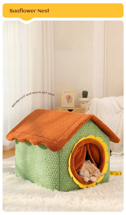 Thickened Enclosed Pet House Cute Sunflower Shape Removable Washable Winter Warm Deep Sleep Cave Sofa for Cats Cama Para Perro