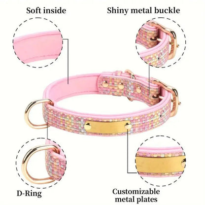 Personalized Luxury Plaid Tweed Dog Collar Custom Engraved Name Number Soft Padded Adjustable Collar for Small Medium Large Dogs