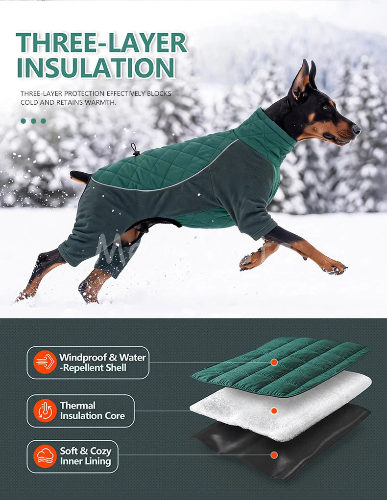 Winter Full Coverage Warm Dog Jumpsuit Reflective High Collar Quilted Padded Color‑Blocked Outdoor Outfit for Medium Large Dogs