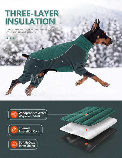 Winter Full Coverage Warm Dog Jumpsuit Reflective High Collar Quilted Padded Color‑Blocked Outdoor Outfit for Medium Large Dogs